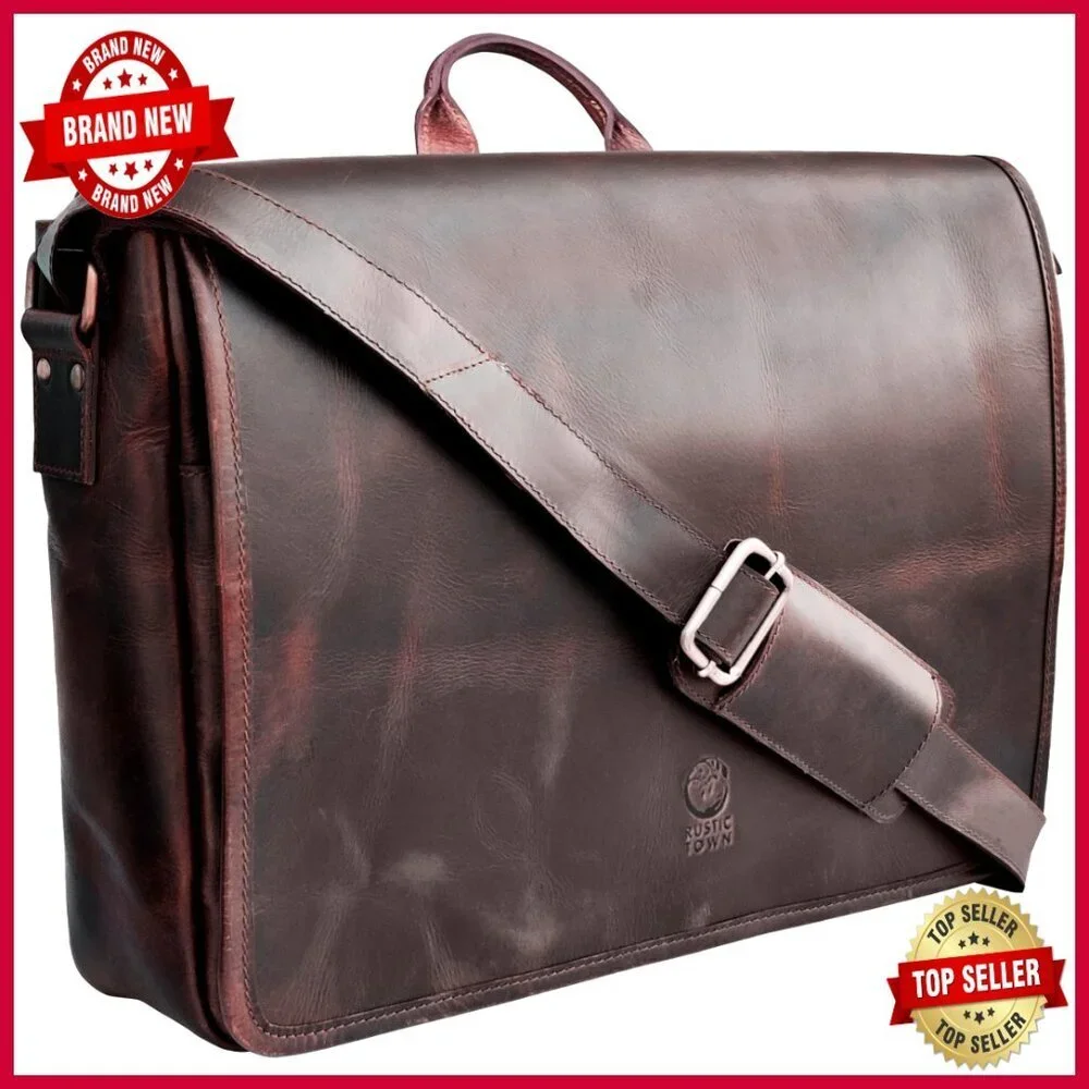 14" Leather Messenger Bag Laptop Satchel Crossbody Shoulder Office Travel